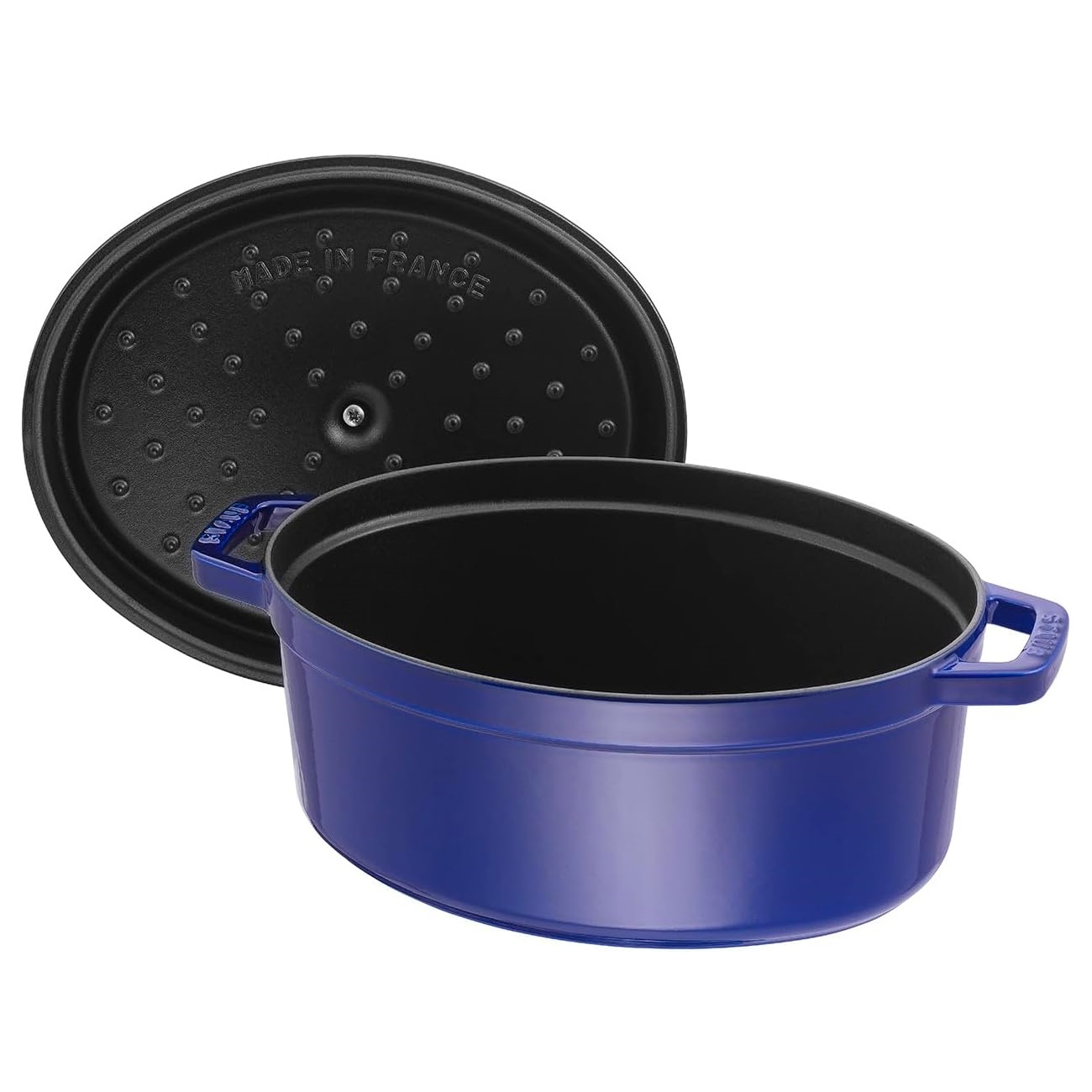 Cocotte en fonte ovale avec couvercle à picots 29 cm, bleu intense - staub