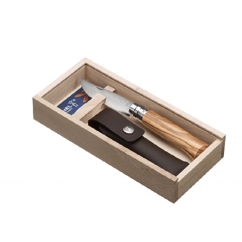 Couteau de poche en olivier presentation plumier + gaine n°8 - opinel 