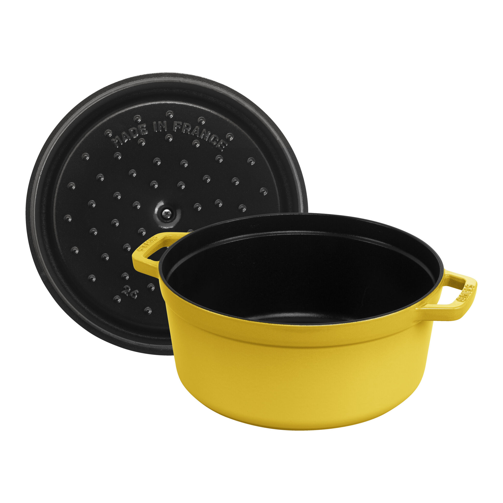Cocotte en fonte ronde avec couvercle à picots 26 cm jaune citron - staub