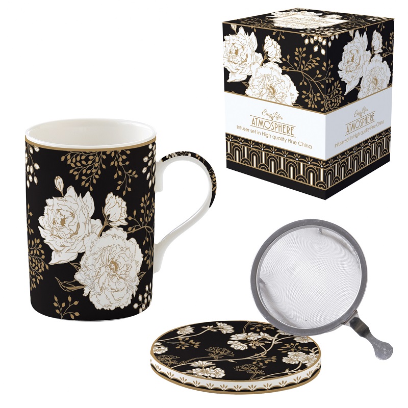 Coffret tisaniere en porcelaine filtre inox art deco flowers - easylife