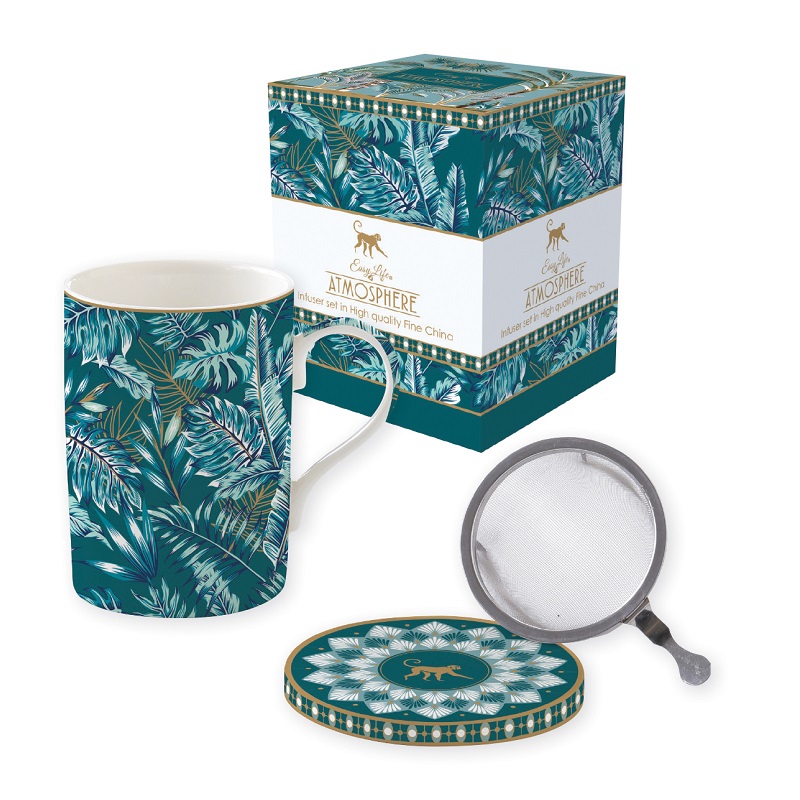 Coffret tisaniere en porcelaine filtre inox atmosphere jungle - easylife