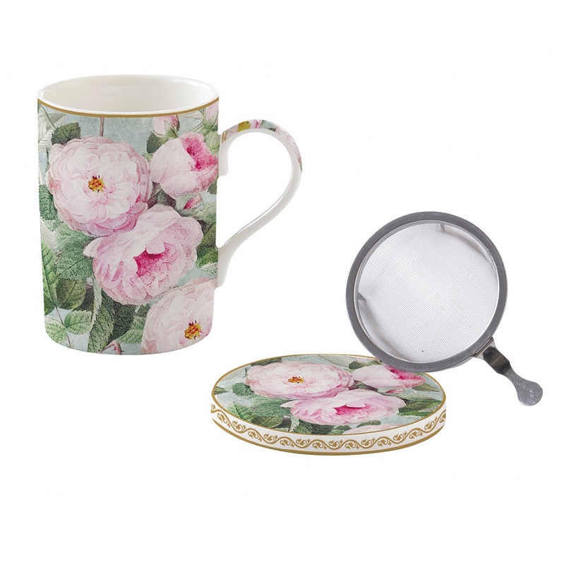 Coffret tisaniere en porcelaine filtre inox roses in bloom - easylife