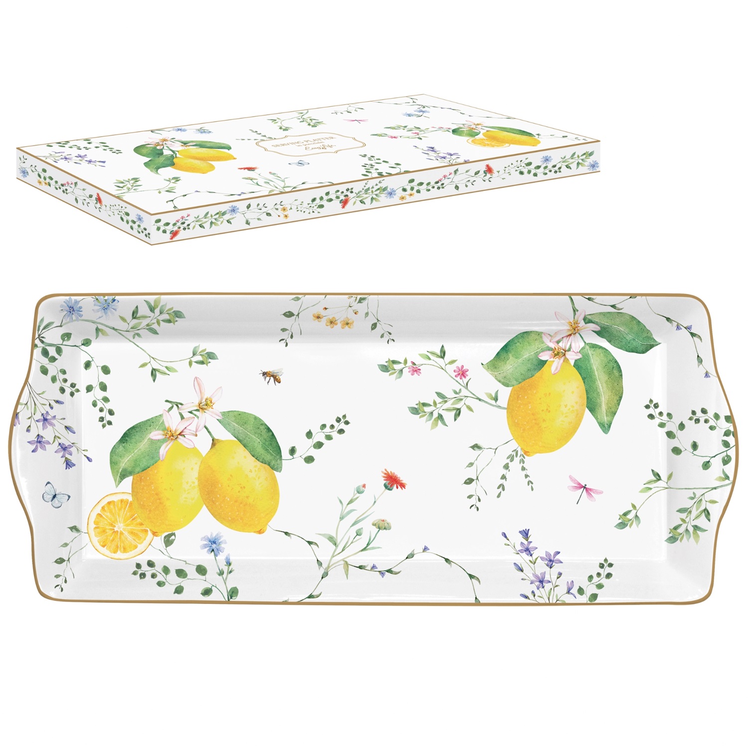 Plat à cake en porcelaine en boite cadeau 35 x 15 cm fleurs et citrons - easylife