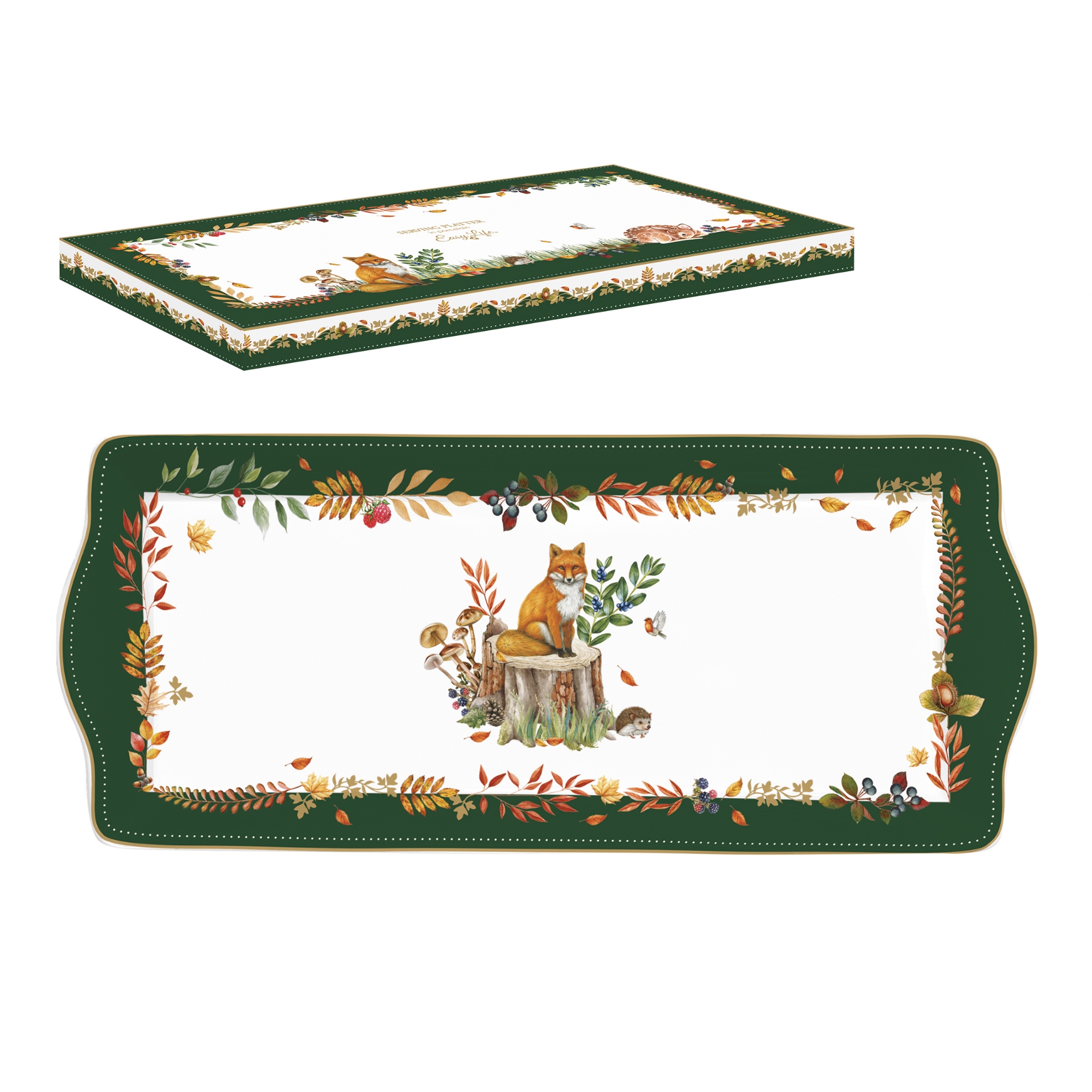 Forest dream - plat à cake en porcelaine en boite cadeau 35 x 15 cm - easylife