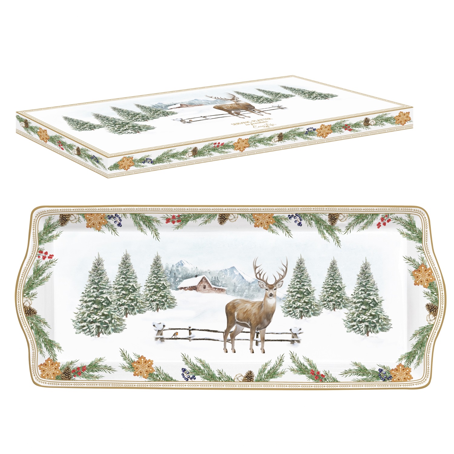 White forest - plat à cake en porcelaine en boite cadeau 35 x 15 cm - easylife