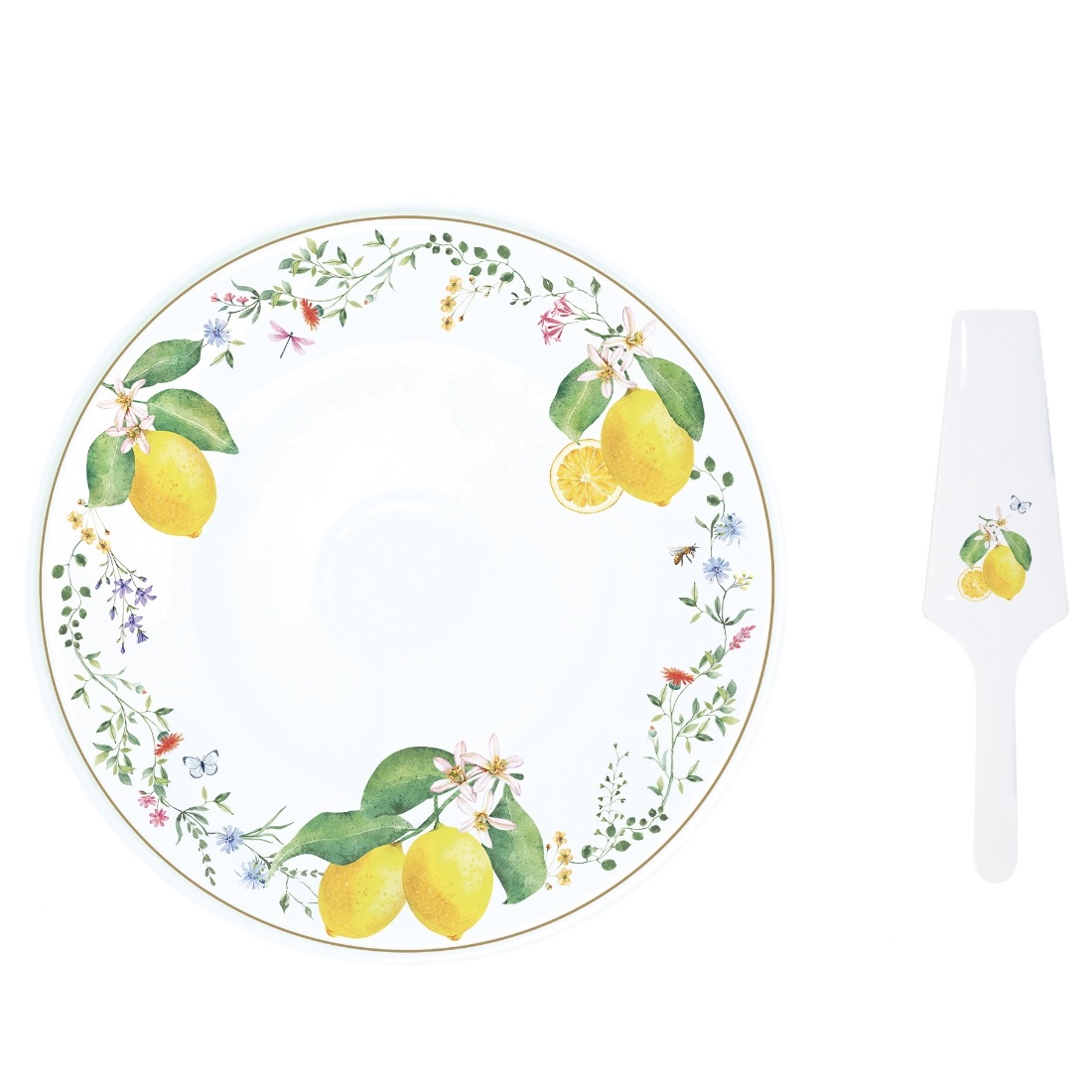 Plat à tarte en porcelaine ø32 cm avec pelle assortie fleurs et citrons - easylife