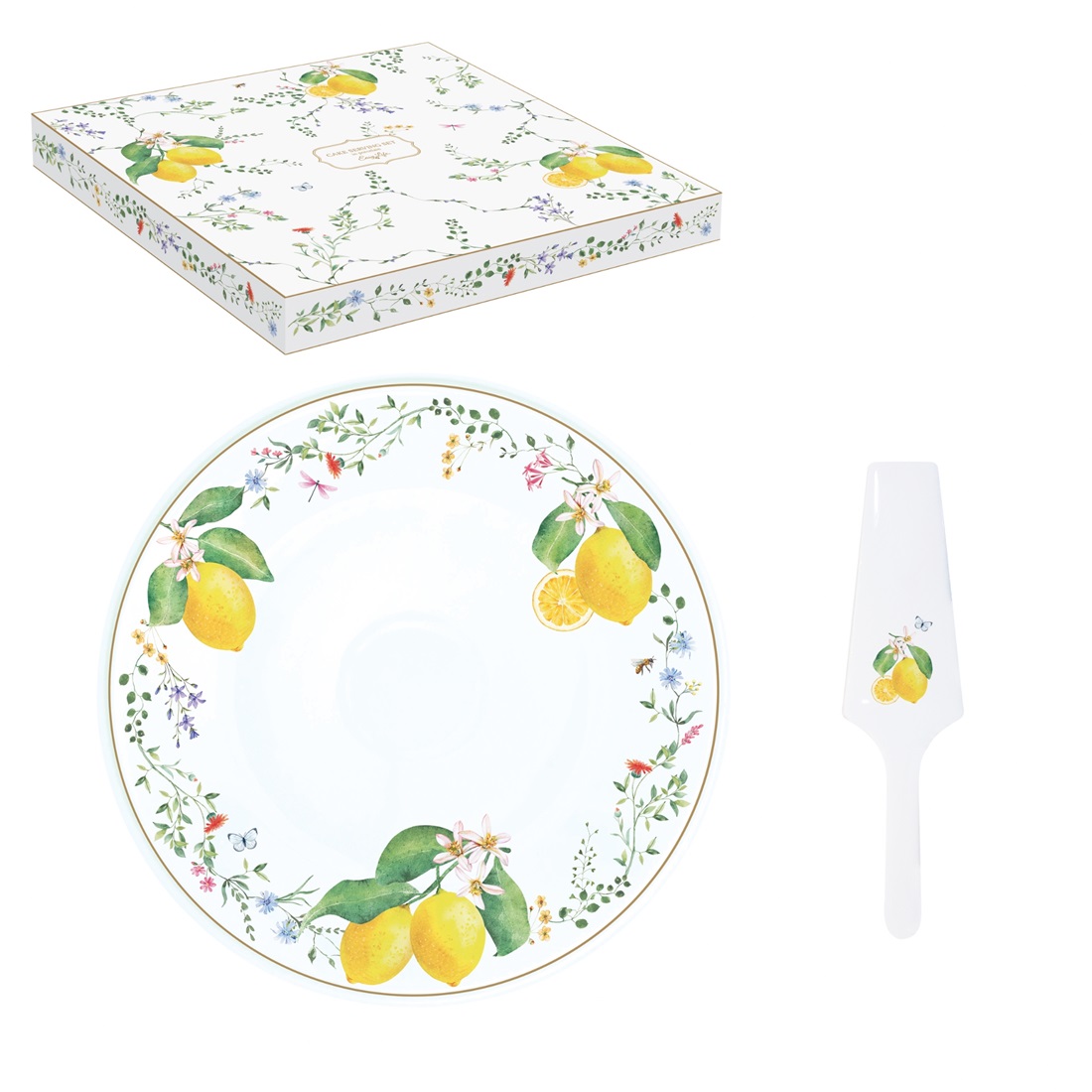 Plat à tarte en porcelaine ø32 cm avec pelle assortie fleurs et citrons - easylife