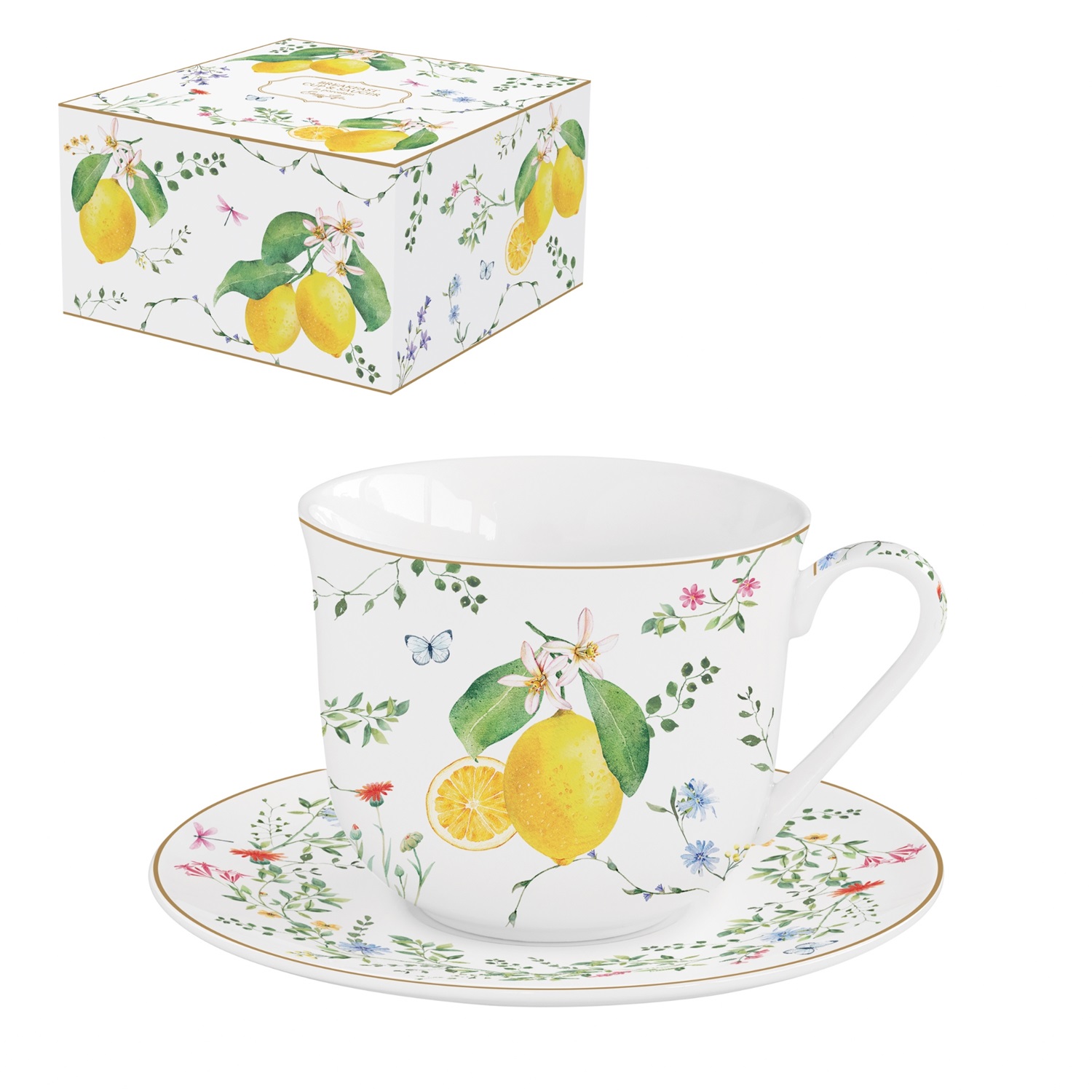 Coffret tasse déjeuner en porcelaine en boite cadeau 37 cl fleurs et citrons - easylife