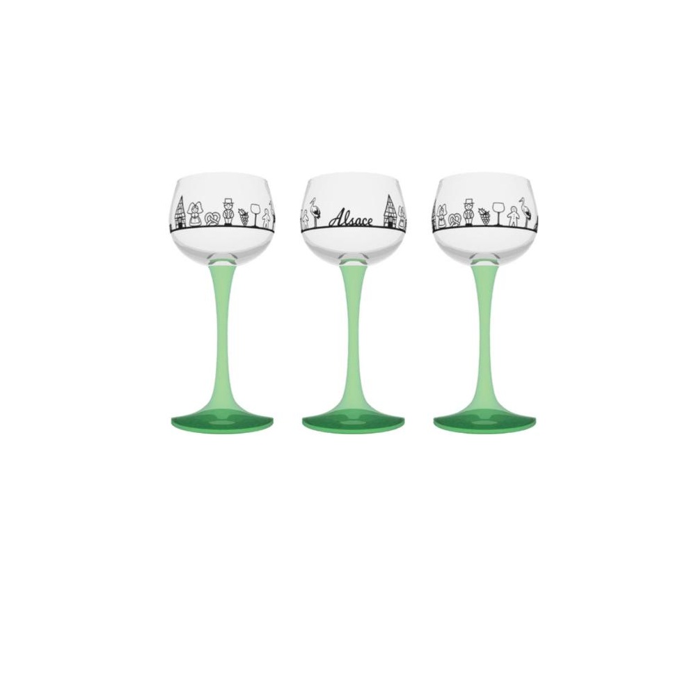 Lot de 6 verres à vin d'alsace pied vert, skyline alsace - boeckling