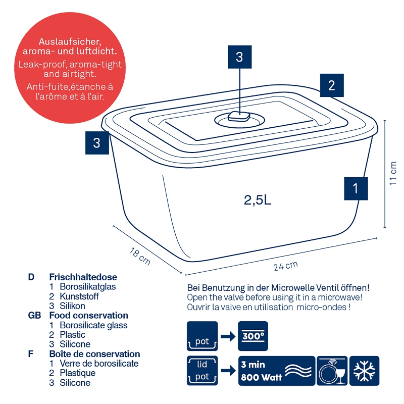 Boîte alimentaire hermétique en verre, 2,5l aurélia - kela