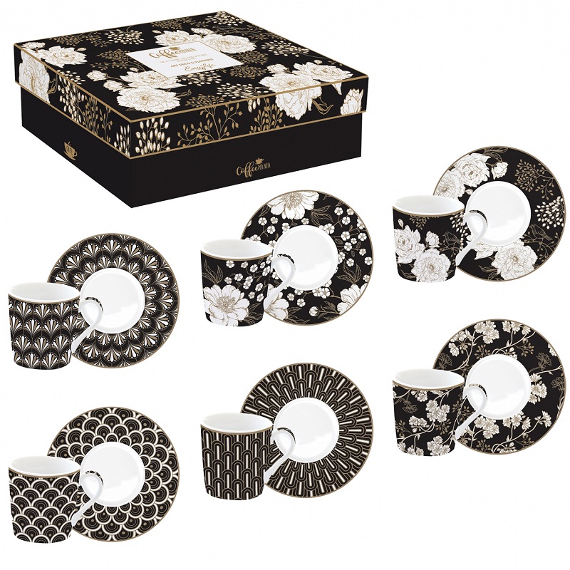 Coffret 6 tasses a cafe en porcelaine 100ml art deco flowers - easylife