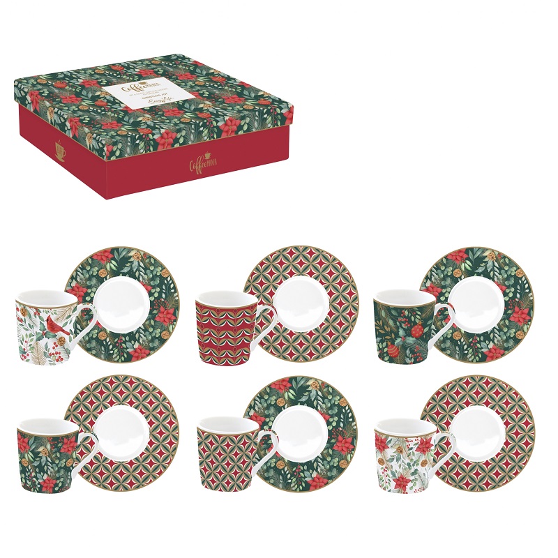 Coffret 6 tasses a cafe en porcelaine 100ml christmas joy - easylife