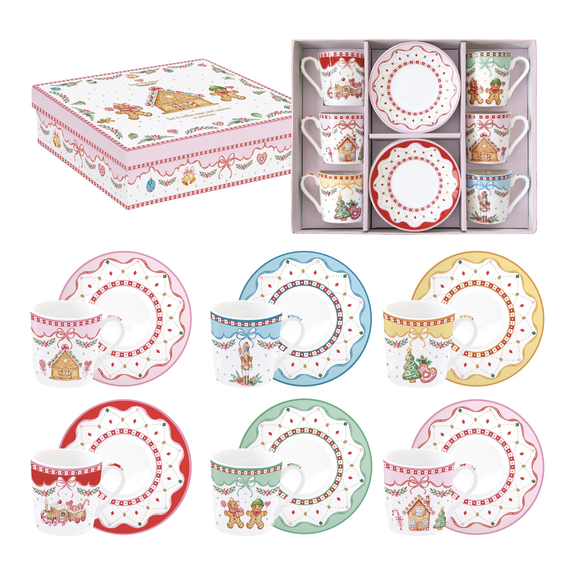 Sweet christmas, coffret 6 tasses à café en porcelaine 100 ml collection - easylife