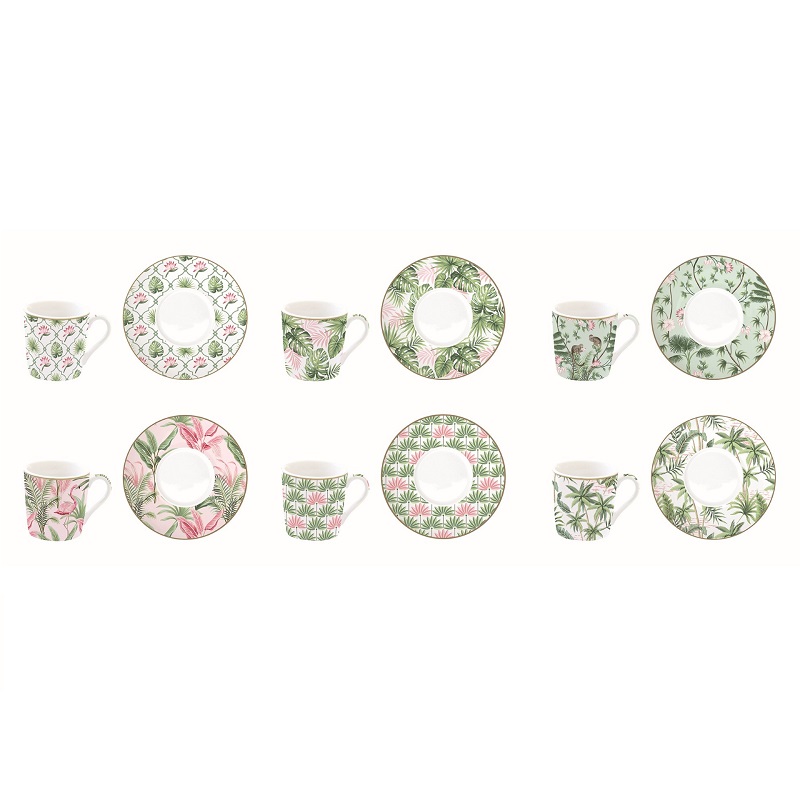 Coffret 6 tasses a cafe en porcelaine 100ml wild tropical - easylife