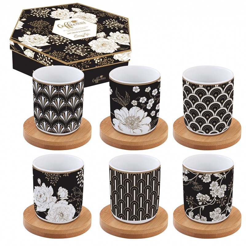 Coffret 6 tasses a cafe en porcelaine sous tasses en bois art deco flowers - easylife