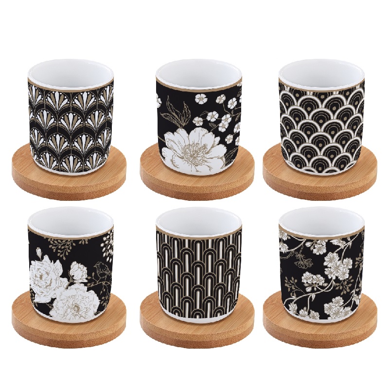 Coffret 6 tasses a cafe en porcelaine sous tasses en bois art deco flowers - easylife