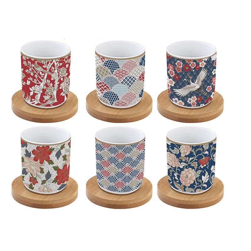 Coffret 6 tasses a cafe en porcelaine sous tasses en bambou okinawa - easylife