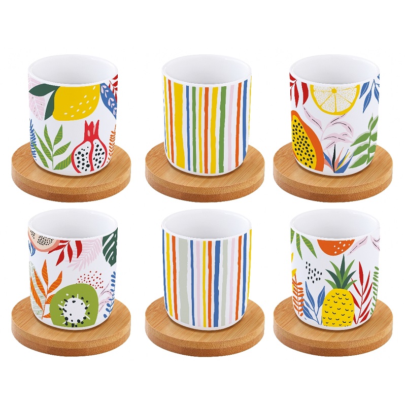 Coffret 6 tasses a cafe en porcelaine sous tasses en bois tutti frutti - easylife