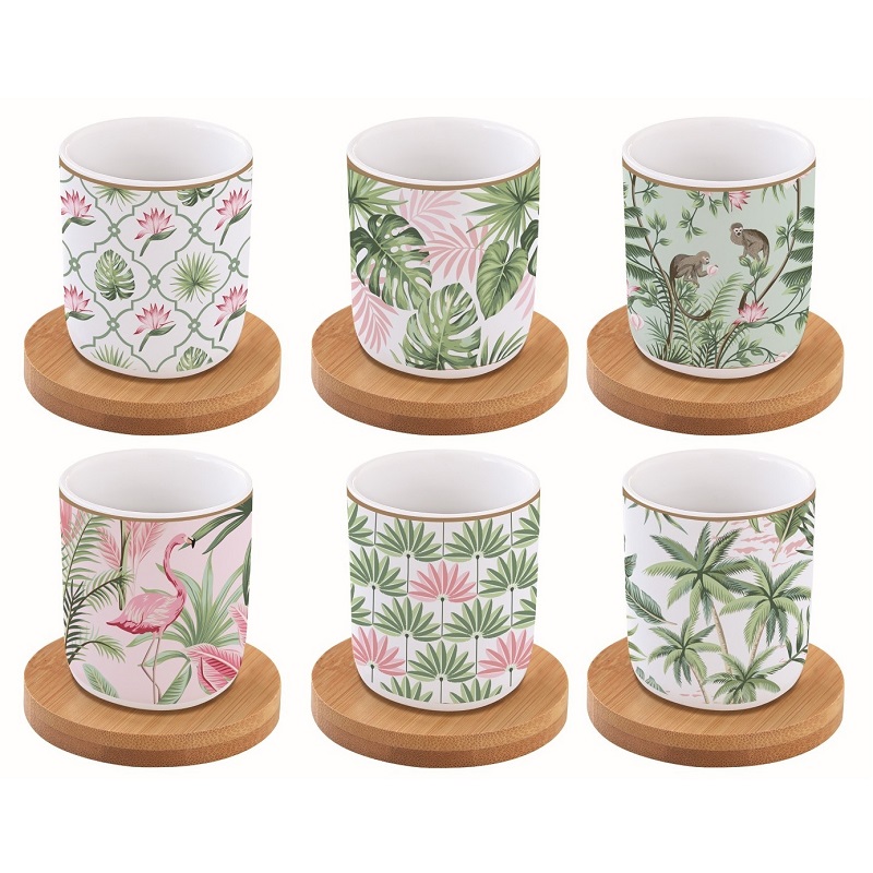 Coffret 6 tasses a cafe en porcelaine sous tasses en bambou wild tropical - easylife