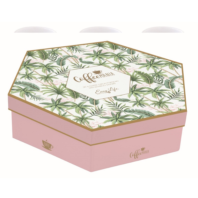 Coffret 6 tasses a cafe en porcelaine sous tasses en bambou wild tropical - easylife