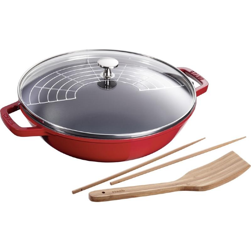 Wok en fonte emailee couvercle en verre 30 cm rouge cerise - staub