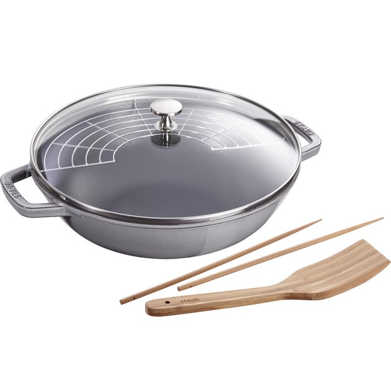 Wok en fonte emaillee 30 cm couvercle verre gris graphite - staub