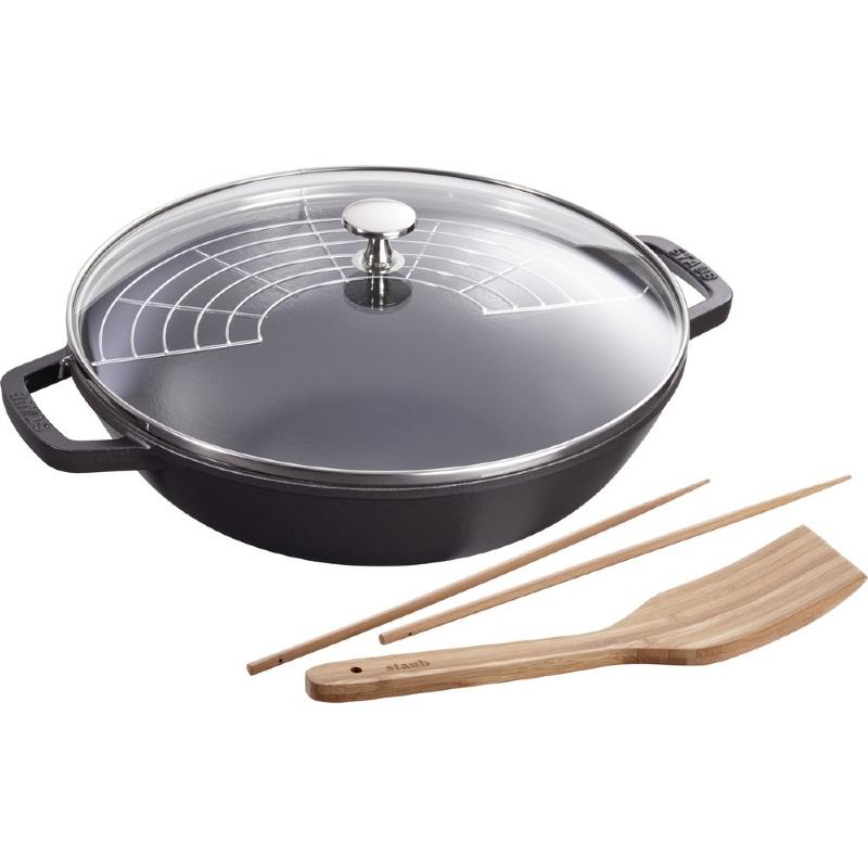 Wok en fonte emaillee couvercle en verre 30 cm noir - staub