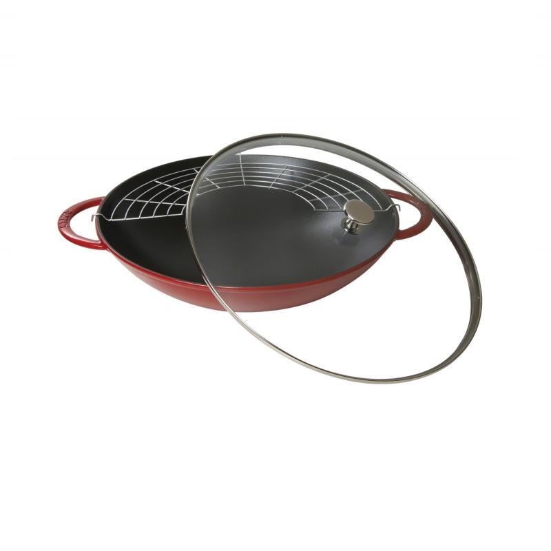 Wok en fonte emaillee rouge 37 cm couvercle en verre - staub