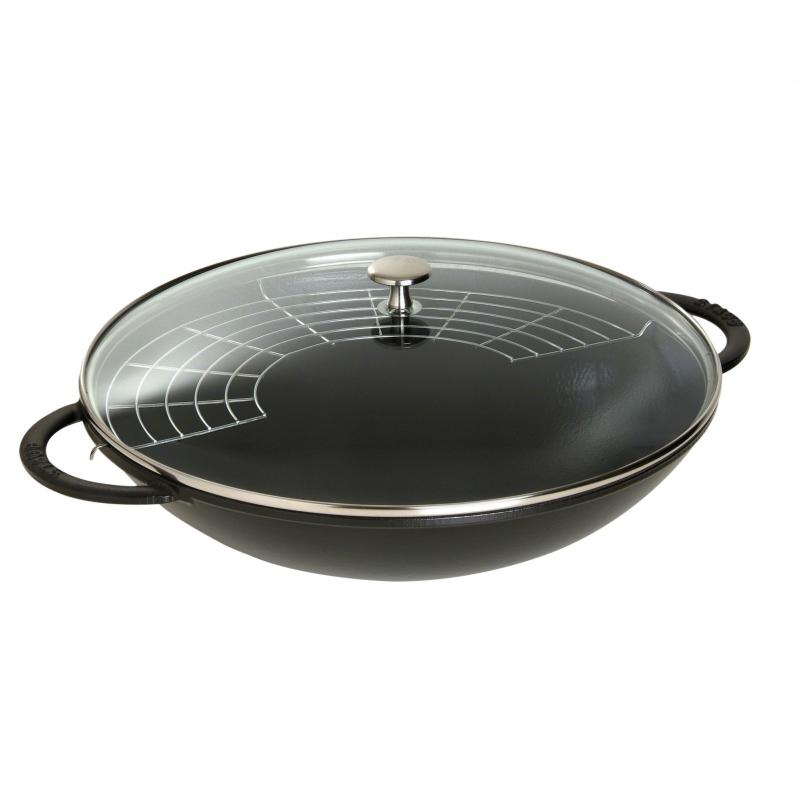 Wok en fonte emaillee noir couvercle en verre 37 cm - staub