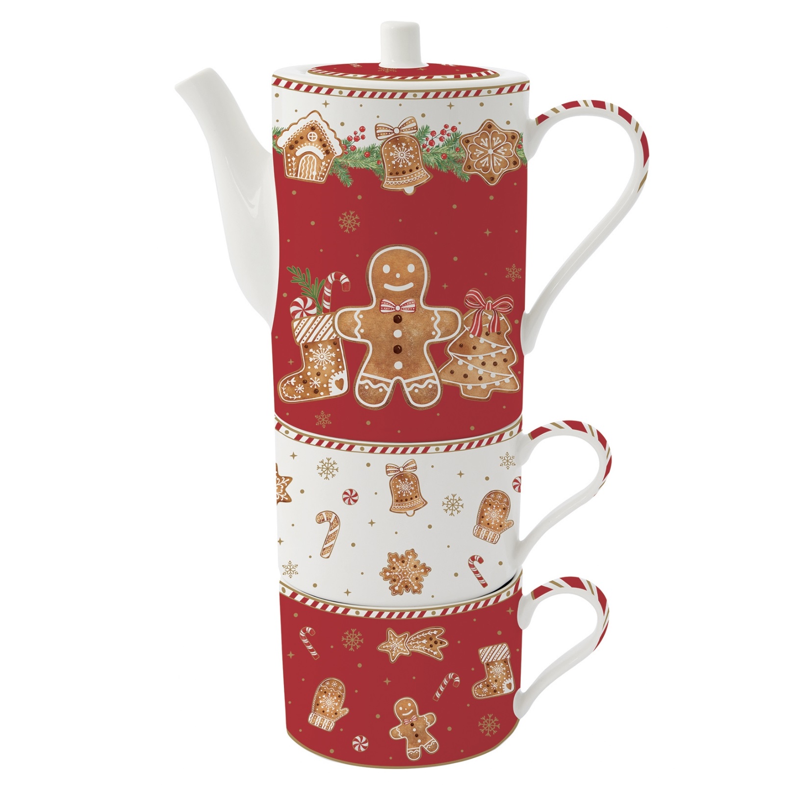 Coffret egoiste pour 2, 1 théiere et 2 mugs empilables fancy gingerbread - easylife