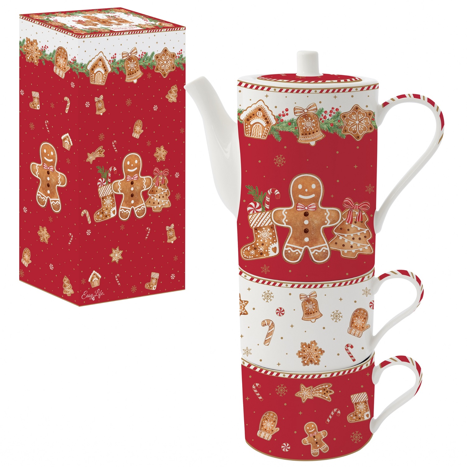 Coffret egoiste pour 2, 1 théiere et 2 mugs empilables fancy gingerbread - easylife
