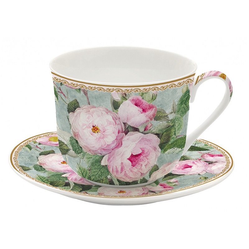 Coffret tasse dejeuner en porcelaine fineroses in bloom 40 cl - easylife