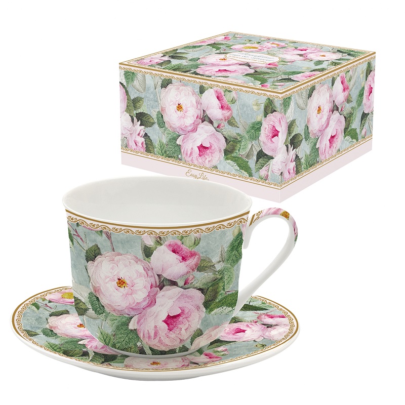Coffret tasse dejeuner en porcelaine fineroses in bloom 40 cl - easylife