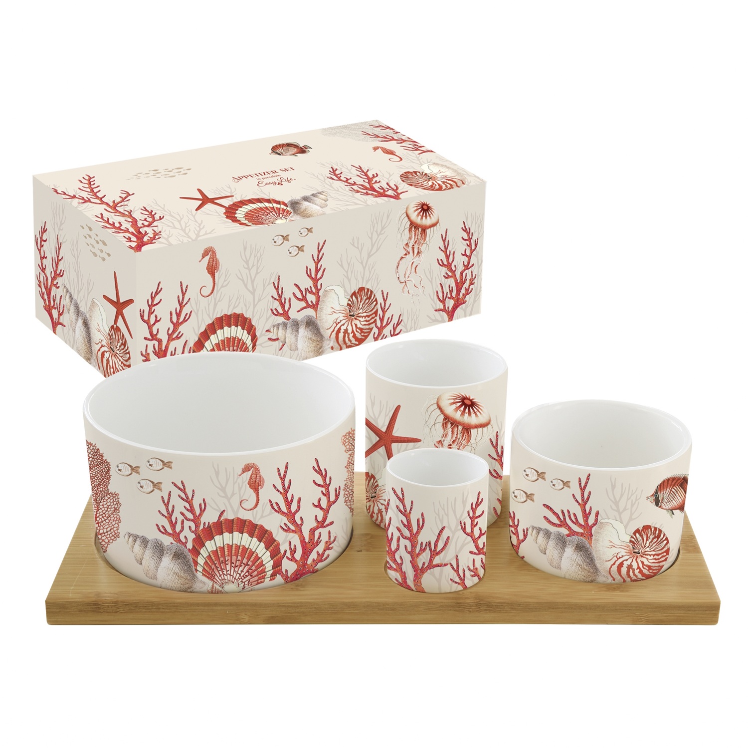 Service apéritif 4 coupelles sur plateau bambou décor corail reef - easylife