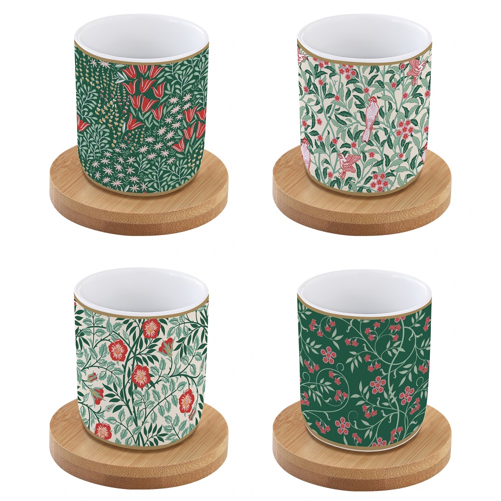Coffret 4 tasses a cafe en porcelaine sous tasses en bois floral fantasy - easylife