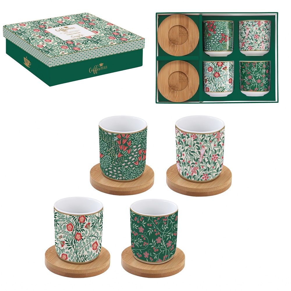 Coffret 4 tasses a cafe en porcelaine sous tasses en bois floral fantasy - easylife
