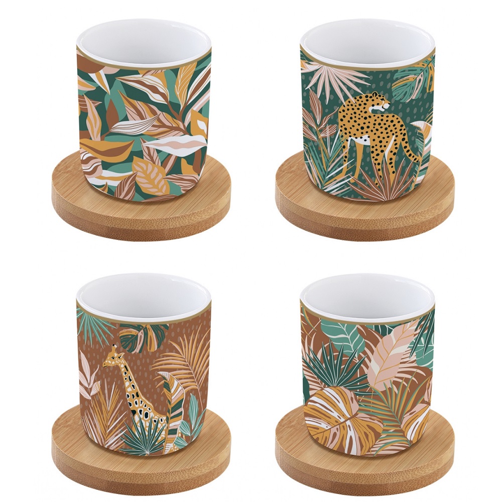 Coffret 4 tasses a cafe en porcelaine sous tasses en bois namibia - easylife