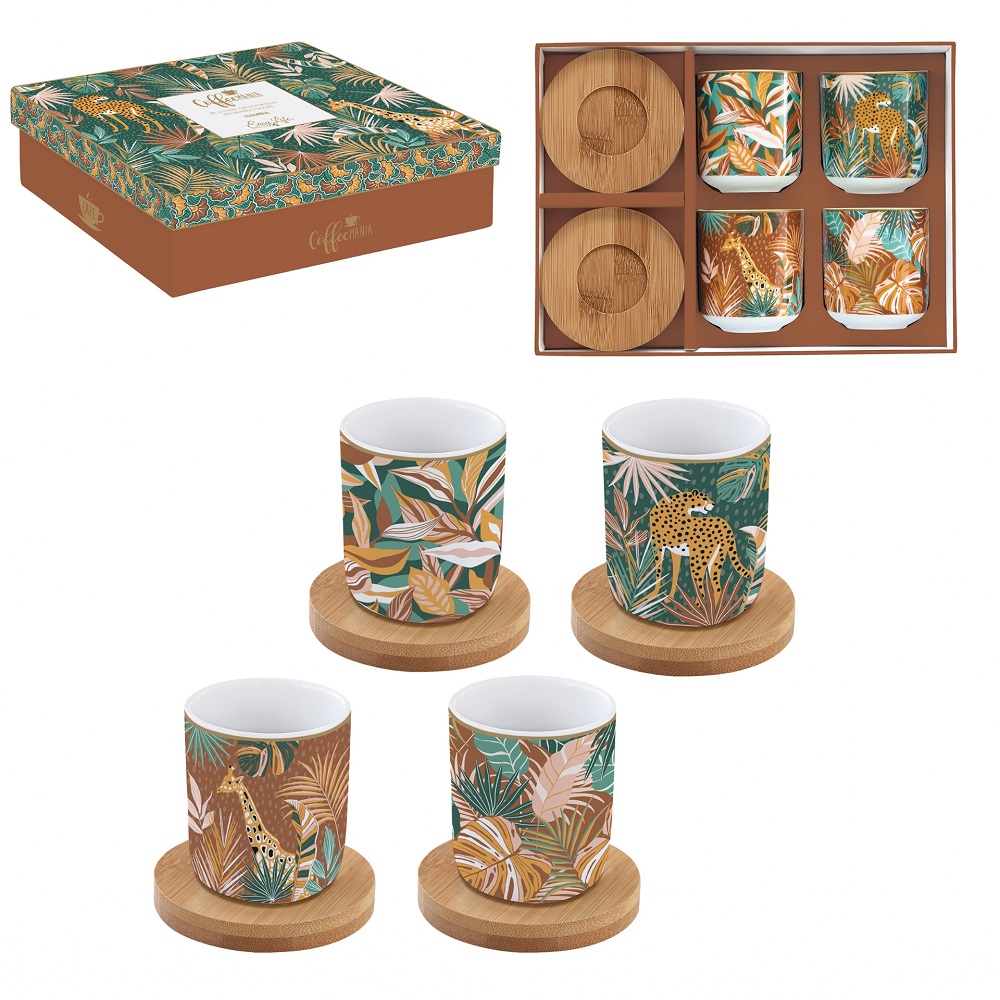 Coffret 4 tasses a cafe en porcelaine sous tasses en bois namibia - easylife