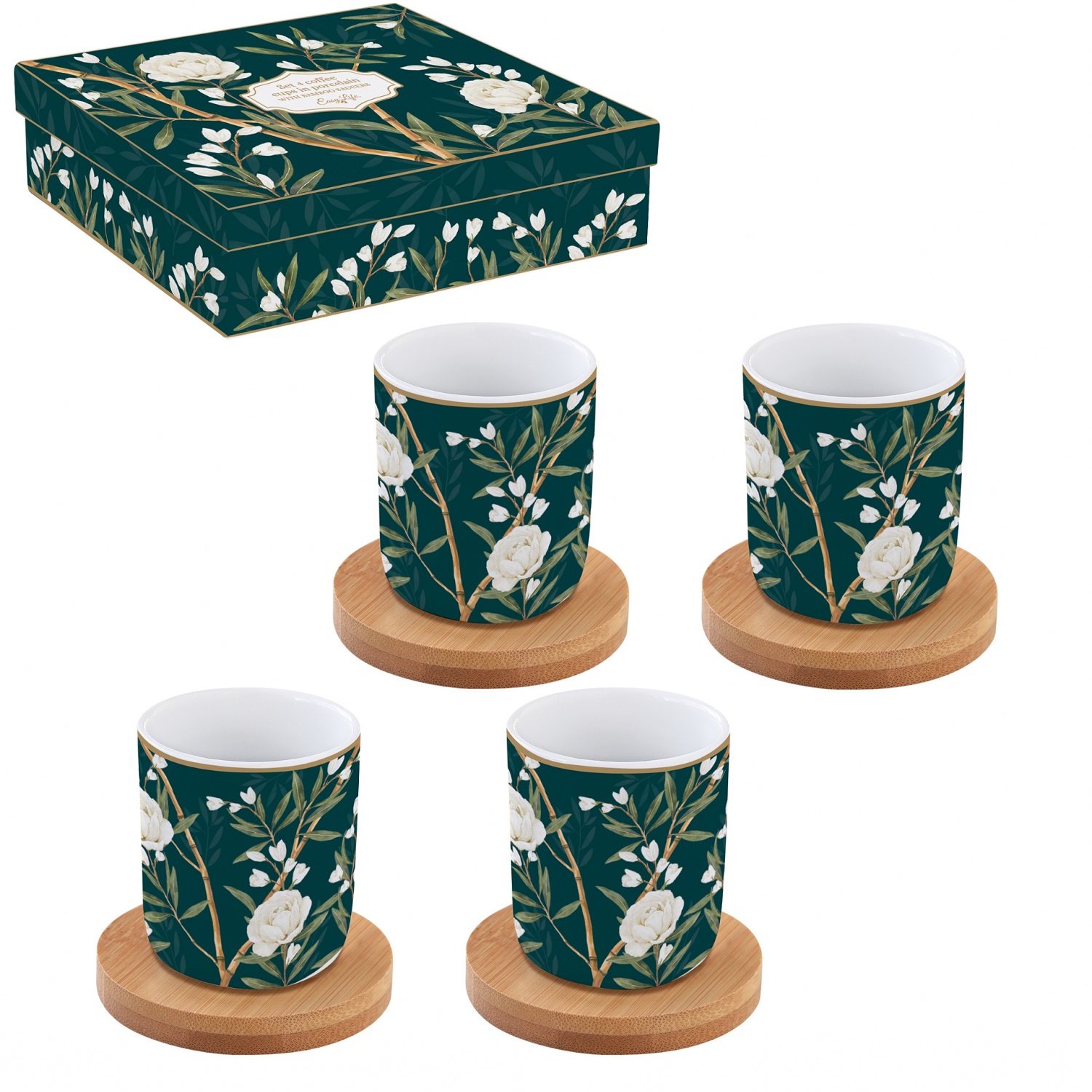 Coffret cadeau 4 gobelets à café en porcelaine 10 cl sous tasse en bois royal pivoine - easylife