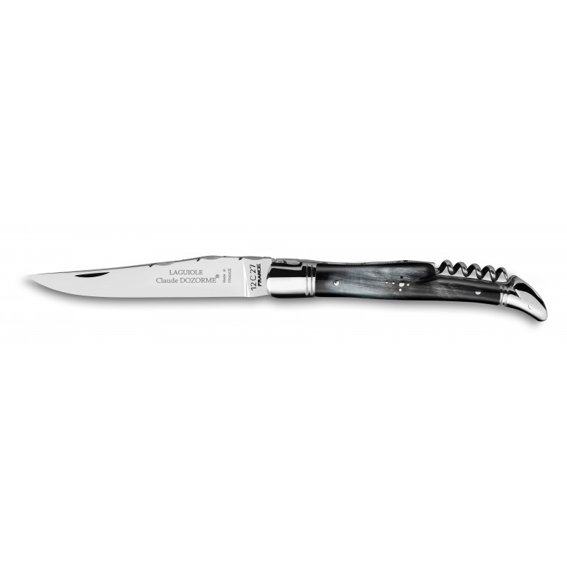 Couteau de poche laguiole tire bouchon manche corne noire mitre inox - claude dozorme 