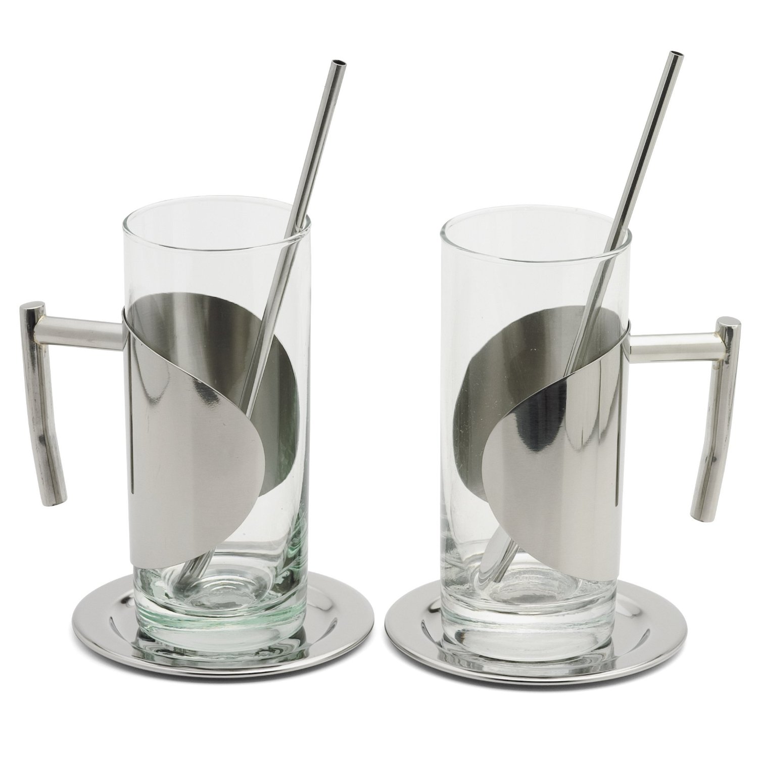 Lot de 2 verres a the ou cafe latte avec 2 pailles et 2 soucoupes inox - weis