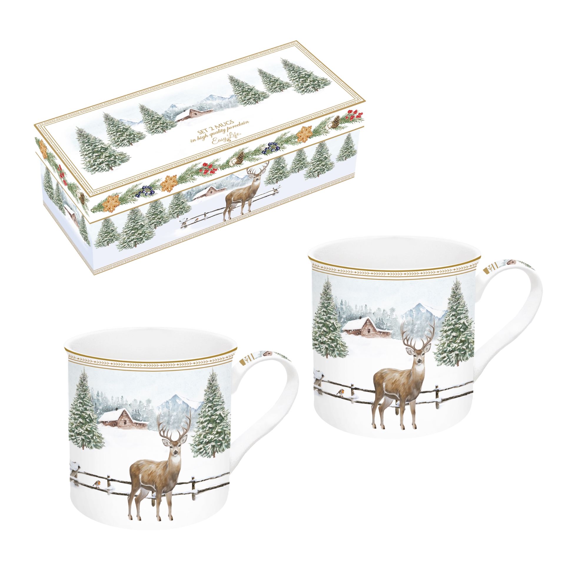 White forest, coffret cadeau 2 mugs en porcelaine 300 ml - easylife