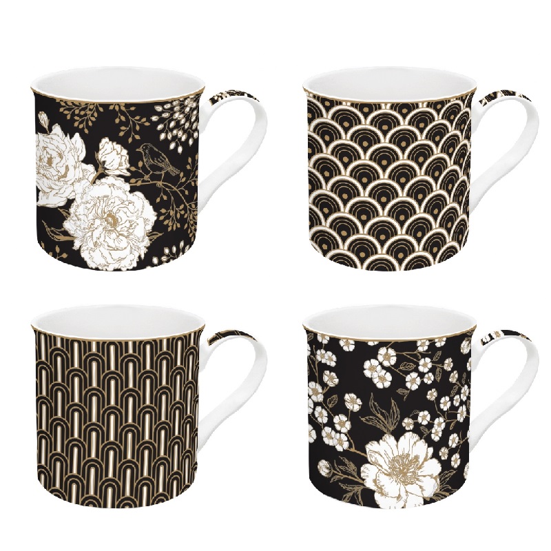 Coffret 4 mugs en porcelaine fine 300 ml art deco flowers - easylife