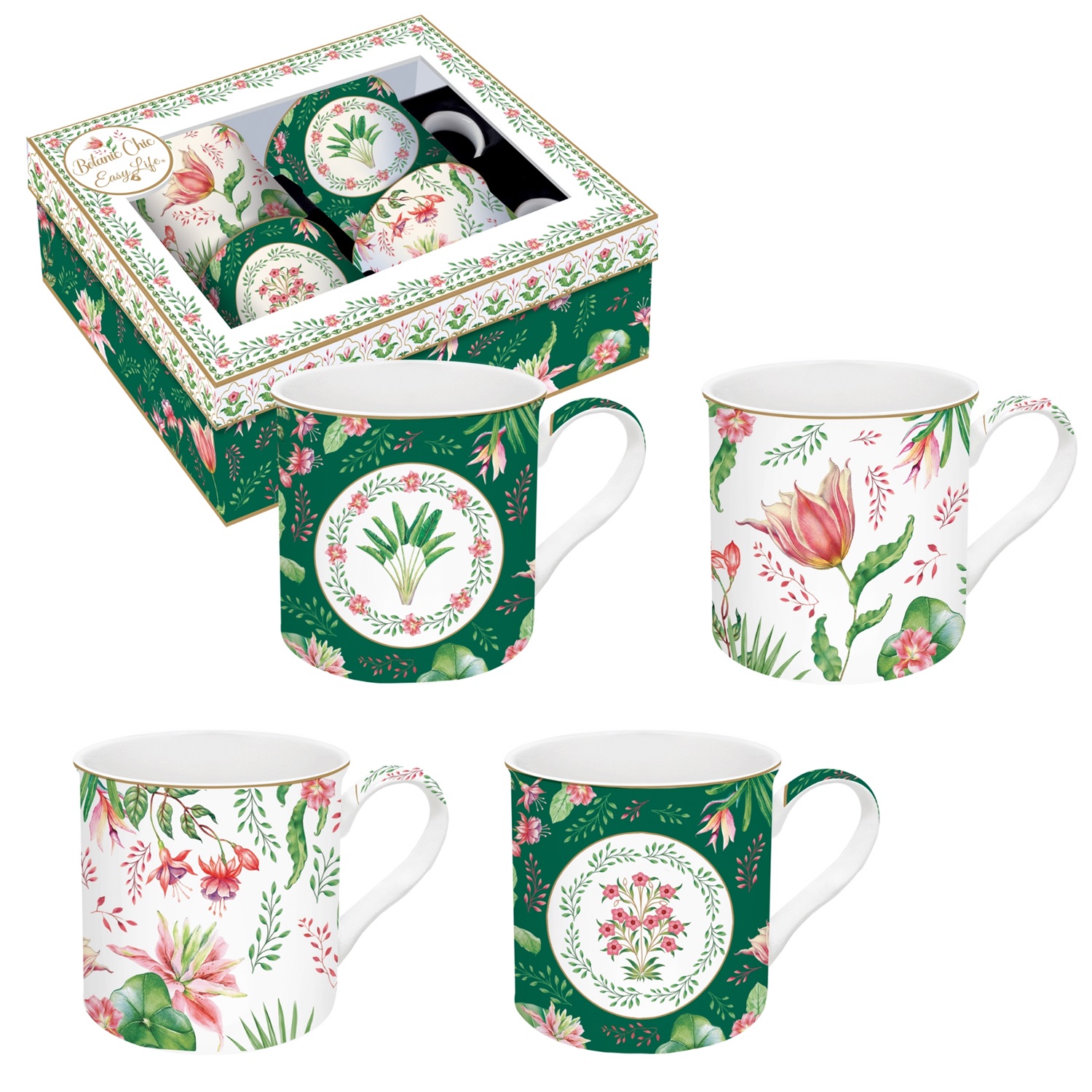 Coffret cadeau 4 mugs en porcelaine 300 ml botanic chic - easylife