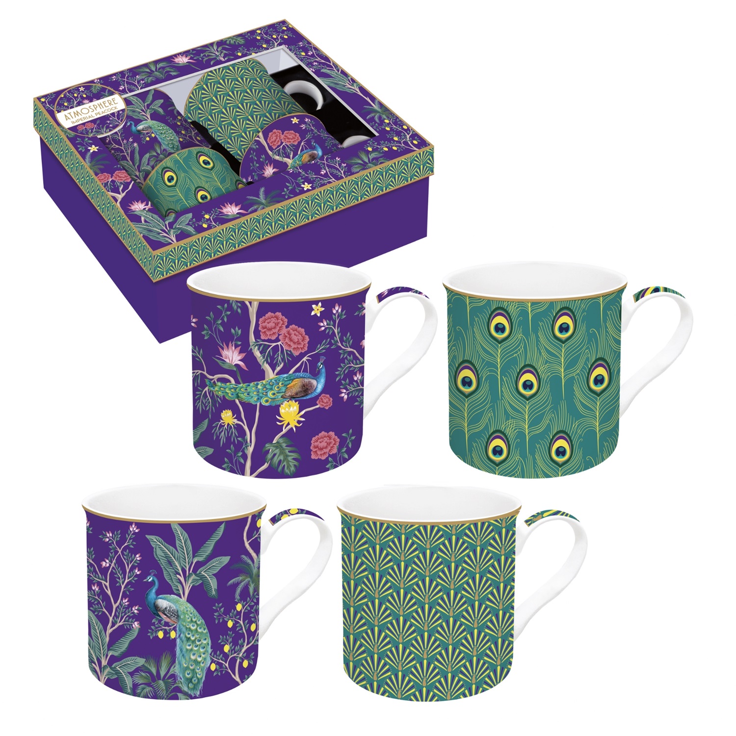 Impérial peacock - coffret cadeau 4 mugs en porcelaine 300 ml - easylife
