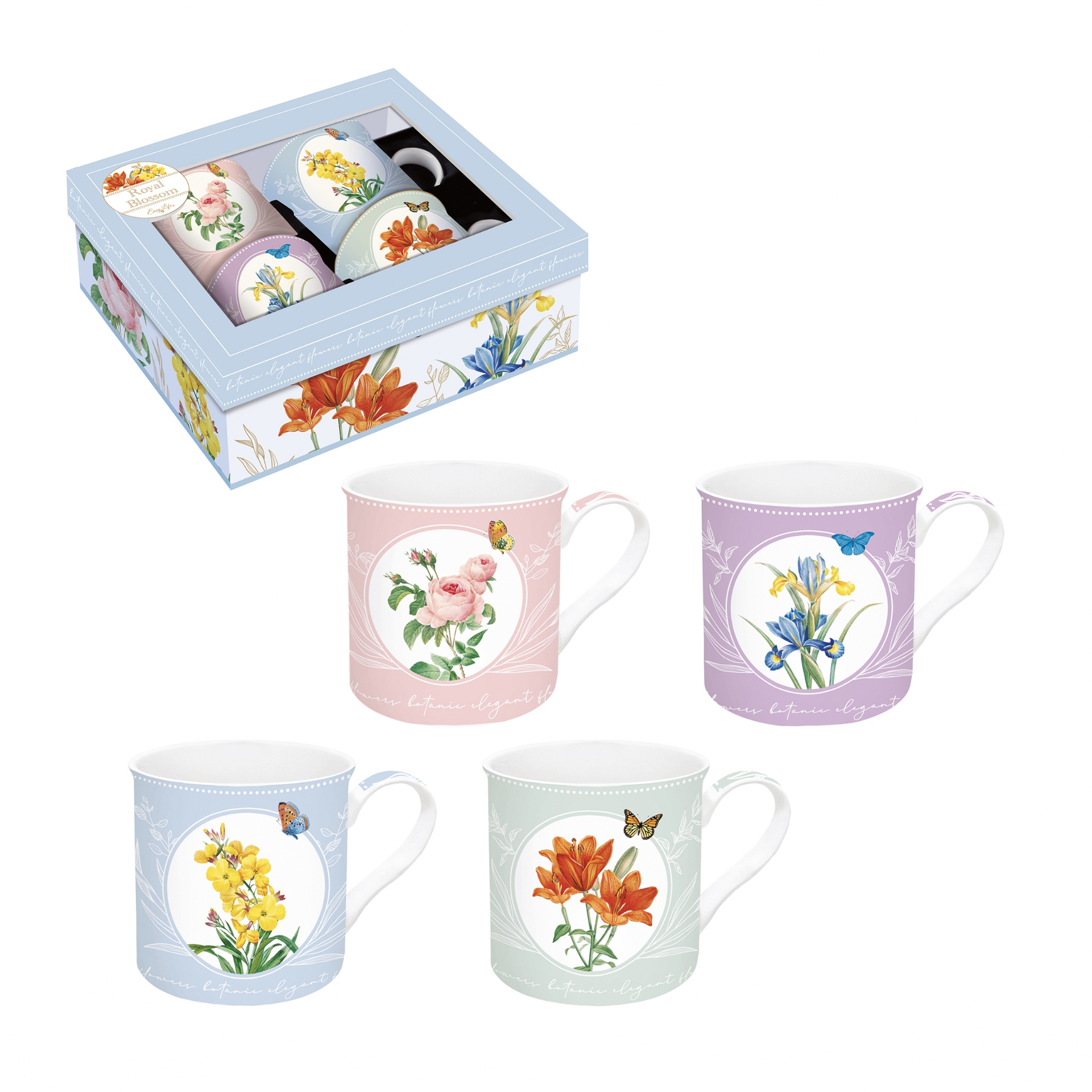 Royal blossom, coffret cadeau 4 mugs en porcelaine 300 ml - easylife
