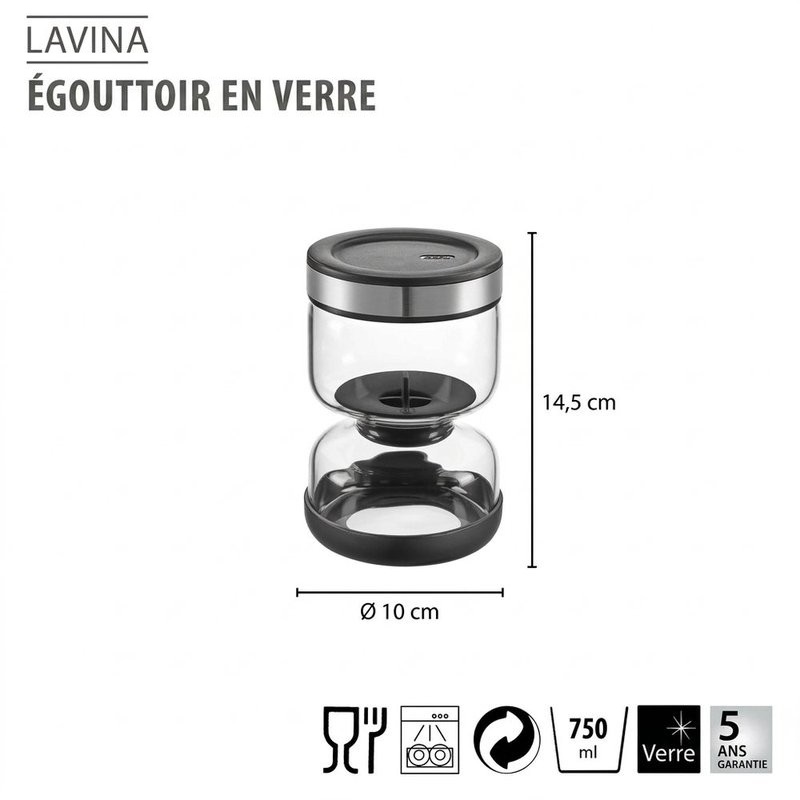 Lavina, bocal égouttoir en verre 2 compartiments en sablier 750 ml, pour égoutter cornichons et pickles - gefu
