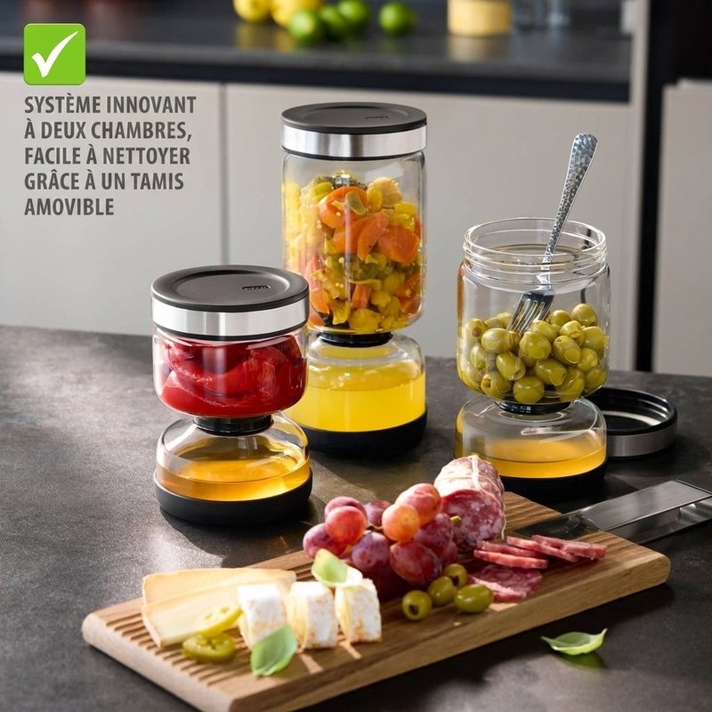 Lavina, bocal égouttoir en verre 2 compartiments en sablier 750 ml, pour égoutter cornichons et pickles - gefu
