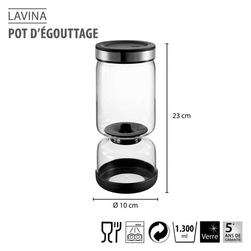 Lavina, bocal égouttoir en verre 2 compartiments en sablier 1300 ml, pour égoutter cornichons et pickles - gefu