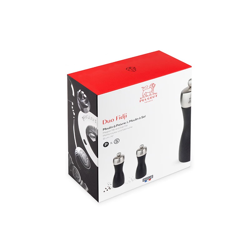 Duo de moulins à poivre et à sel en bois et inox fidji couleur noir 15 cm - peugeot saveurs